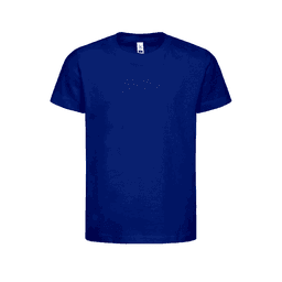 A navy blue kids' t-shirt with short sleeves and a crew neckline. It features a logo on the label.