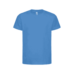 A blue t-shirt with short sleeves and a simple design. The shirt features a logo on the label.