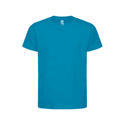 A bright blue children's t-shirt with short sleeves and a round neckline. The shirt has a logo on the tag.