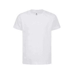 A white kids' essential tee featuring a classic crew neckline and short sleeves. It has a logo on the tag.