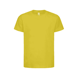 A bright yellow kids' t-shirt with a standard short sleeve design and a logo on the label.