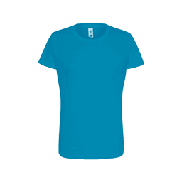 A turquoise women's essential t-shirt with a round neckline and short sleeves, featuring a logo on the tag.