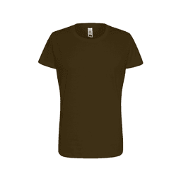 A women's essential tee in dark brown with a simple design and a logo on the label.