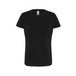 A black women's essential t-shirt with a classic crew neck and short sleeves, featuring a brand label.