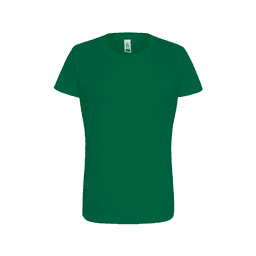 A green women's essential tee with a classic t-shirt design and a branding label.