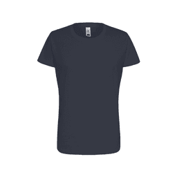 A navy blue women's essential t-shirt with a short sleeve and a classic fit. It features a logo.