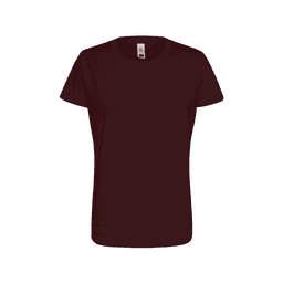 A maroon women's essential t-shirt with a round neckline and short sleeves, featuring a small logo.