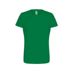 A green women's essential t-shirt with a relaxed fit and a branding label on the inside.