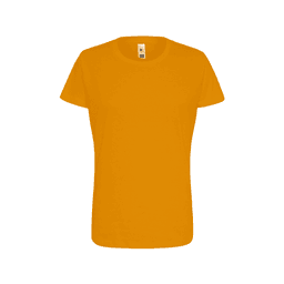 A vibrant orange women's essential tee with a classic crew neck and short sleeves, featuring a logo.