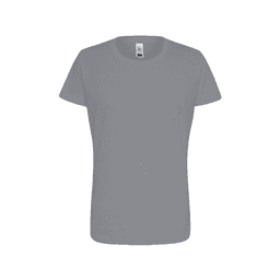 A grey women's essential tee with a classic round neckline and short sleeves. It features a logo on the label.