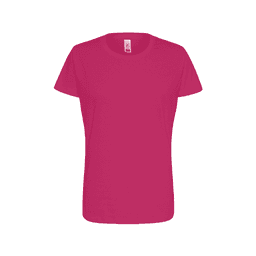 A fuchsia women's essential t-shirt featuring a crew neck and short sleeves, displaying a logo.