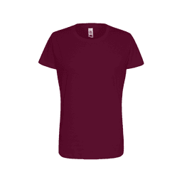 A maroon women's essential tee with a classic short-sleeve design, featuring a label inside.