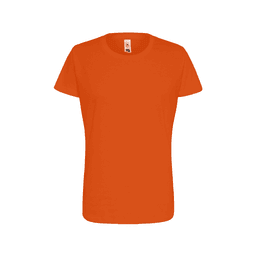 An orange women's t-shirt with a round neckline and short sleeves. It features a logo on the label.