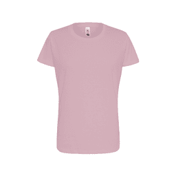 A pink women's essential tee with short sleeves, featuring a simple design and a branding label.