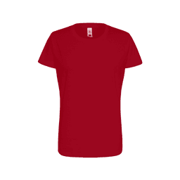 A red women's t-shirt with a round neckline and short sleeves, featuring a logo.