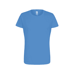 A blue women's essential t-shirt with a round neckline and short sleeves, featuring a logo.