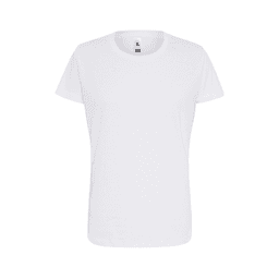 A plain white women's essential t-shirt with a crew neckline and short sleeves, featuring a logo on the label.