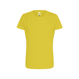 A yellow women's essential t-shirt featuring a classic crew neck and short sleeves, with a logo on the label.