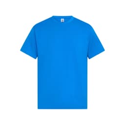 A bright blue t-shirt with short sleeves and a round neckline. It features a logo on the label.