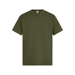 An olive green t-shirt with short sleeves and a round neckline. It features a logo on the label.