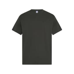 A green men's essential T-shirt with a round neck and short sleeves, featuring a logo.