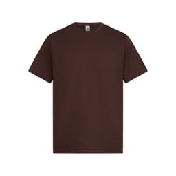 A brown T-shirt with short sleeves and a round neckline, featuring a logo on the tag.