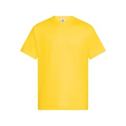 A yellow unisex T-shirt with a round neckline and short sleeves. It features a logo on the label.