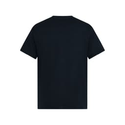 A black men's essential tee, featuring a simple design and a classic fit, with a logo on the back.