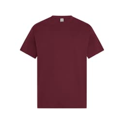 A maroon T-shirt with short sleeves, featuring a plain design and a logo on the label.