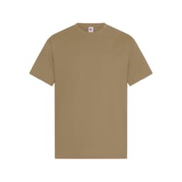 A plain khaki men's t-shirt featuring short sleeves and a crew neckline. The shirt has a label and no graphics.