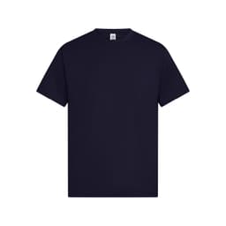 A navy blue T-shirt featuring short sleeves and a crew neckline, with a logo on the label.