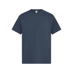 A navy blue T-shirt with short sleeves and a standard fit, featuring a branding logo.