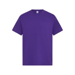 A purple men's essential T-shirt featuring a classic crew neck design and short sleeves. It has a logo on the label.