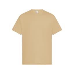 A light beige t-shirt with a classic crew neck and short sleeves, featuring a logo on the label.