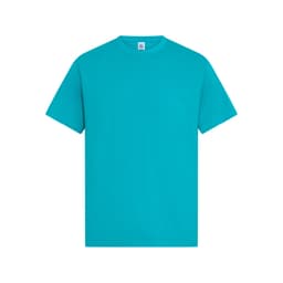 A turquoise men's t-shirt with a crew neckline and short sleeves, featuring a branding logo.