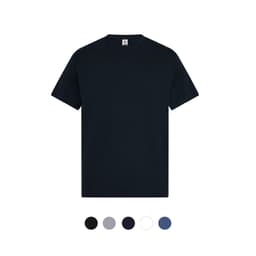 A black t-shirt with a classic crew neck design. Available in multiple colours with a logo on the label.