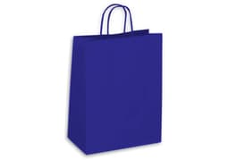 A large blue kraft paper bag with handles and a logo.