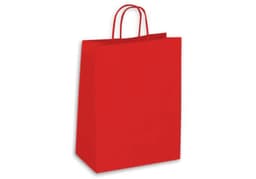 A large red kraft paper bag with two handles and a plain design. It features a logo.