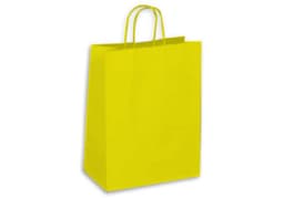 A large yellow kraft paper bag with two handles and a plain design. It features a logo on the side.