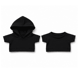 A set of two black plush toy outfits, including a hooded top and a short-sleeve top, both featuring a simple design.