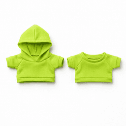 Two bright green plush toy outfits, one with a hood and the other a short-sleeve shirt.