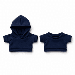 Two navy blue plush toy outfits, one with a hood and another as a short-sleeved top. Each has a simple design.