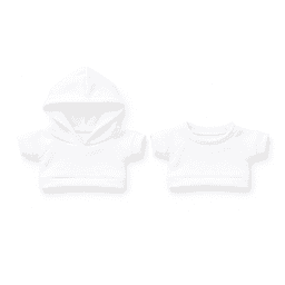 Two white plush toy outfits, including a hooded top and a short-sleeved top, both featuring a simple design.