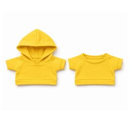 Two yellow plush toy apparel pieces featuring a hoodie and a short-sleeved top, both with a smooth texture.