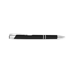A sleek black metal pen with silver accents and a clip, featuring a simple branding logo.