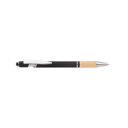 A black aluminium pen with a bamboo grip and silver accents, featuring a branding logo.
