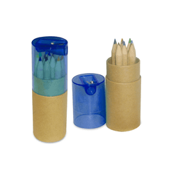 A mini pencil tube containing assorted coloured pencils, presented in a blue and brown holder. Branding visible.