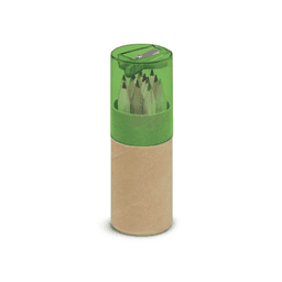 A mini pencil tube with a green lid containing coloured pencils and a sharpener, with a brown base.