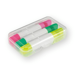 Three-piece wax highlighter set in a clear case; features pink, yellow, and green highlighters.