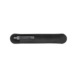 A black pen pouch with a pen inside, featuring a simple design and an embossed logo.